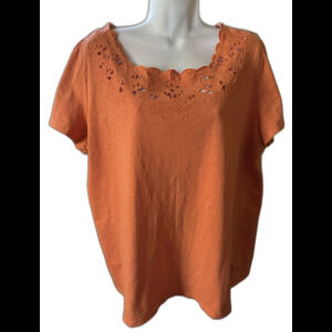 Talbots Size 1x Pullover T-Shirt Eyelet Lace Orange Cotton 42” Bust 25” L